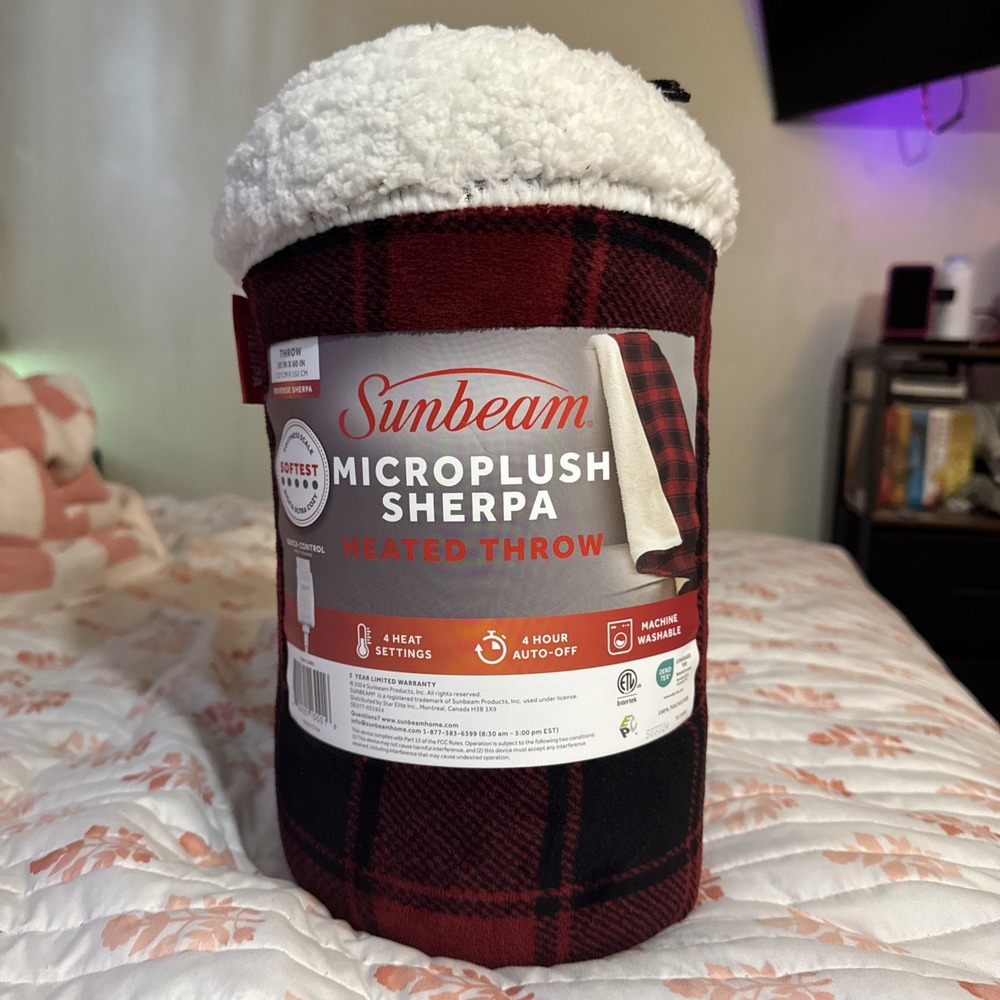 Heated Blanket Throw Sunbeam Microplush Reverse Sherpa 4 Heat Settings 50" x 60"